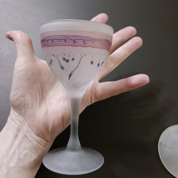 Vintage Hebro  Art Nouveau Drip Glaze Frosted Wine Glasses – Two Pieces - Picture 9 of 12